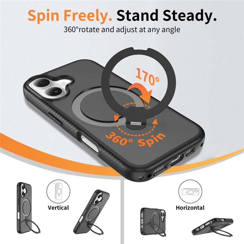 For iPhone 16 Magnetic Case Compatible with MagSafe Rotary Kickstand PC + TPU Shockproof Phone Cover - Black