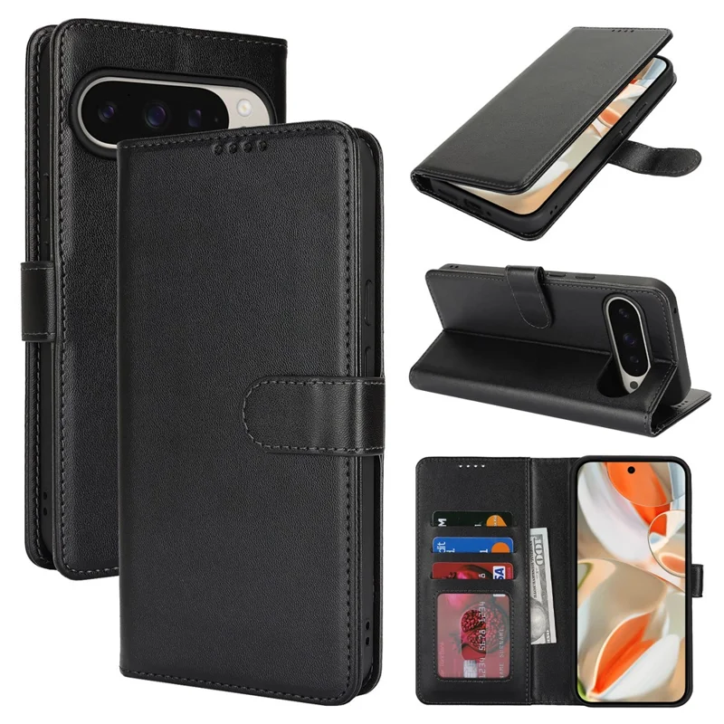 For Google Pixel 9 Pro  /  Pixel 9 Stand Case Shockproof Leather Wallet Phone Cover - Black