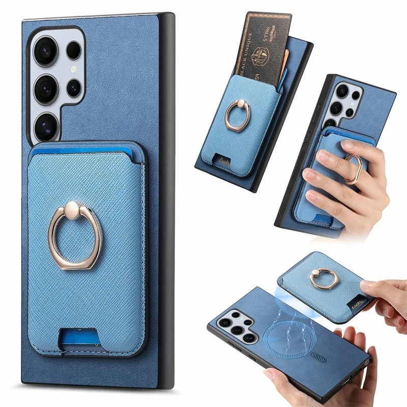 For Samsung Galaxy S26 Ultra Magnetic Case Detachable Card Bag Leather Back Cover with Kickstand - Blue