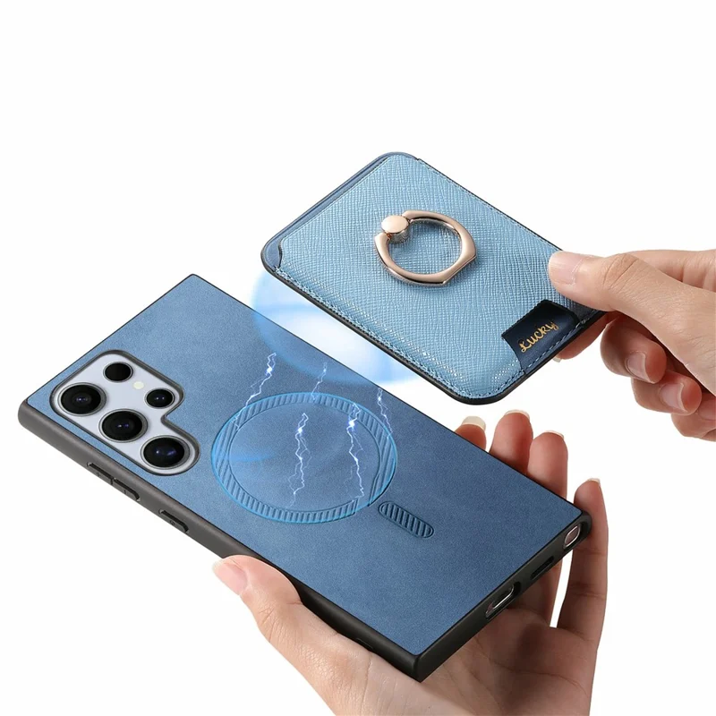 For Samsung Galaxy S26 Ultra Magnetic Case Detachable Card Bag Leather Back Cover with Kickstand - Blue