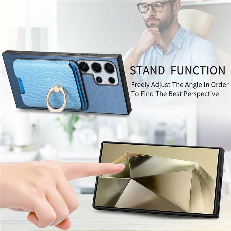 For Samsung Galaxy S26 Ultra Magnetic Case Detachable Card Bag Leather Back Cover with Kickstand - Blue