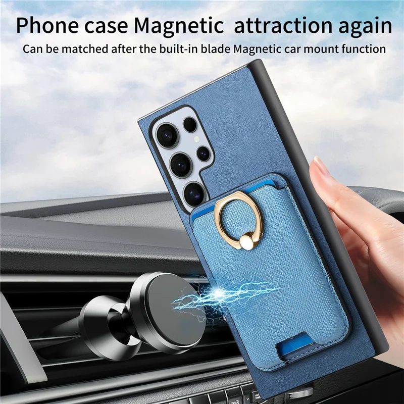 For Samsung Galaxy S26 Ultra Magnetic Case Detachable Card Bag Leather Back Cover with Kickstand - Blue