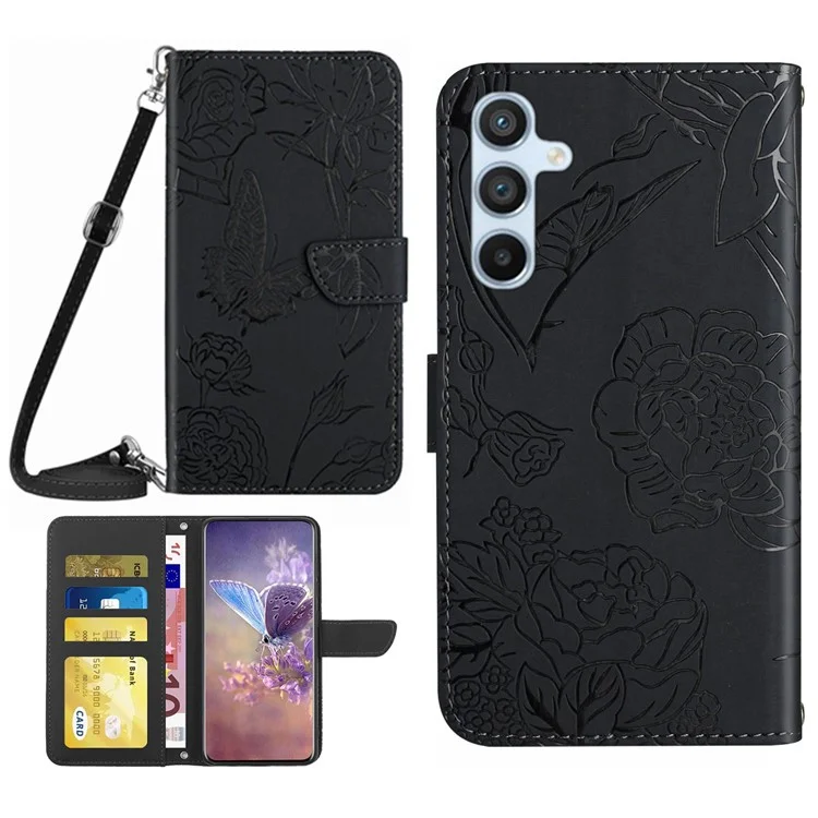 Para Samsung Galaxy A54 5G HT03 Flores de Mariposa Flores Impresas Caja de Teléfono pu Touch PU Folio Folio Cubierta Magnética Con Correa Para Hombro - Negro