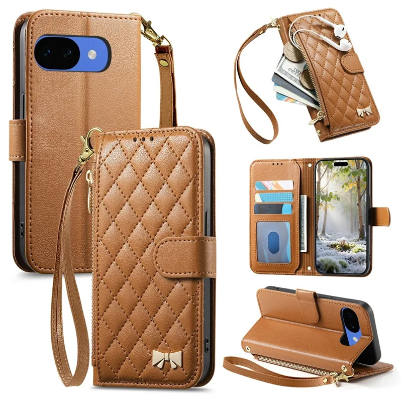 For Google Pixel 10a Stand Case Imprint TPU PU Leather Zipper Pocket Wallet Phone Cover with Strap - Brown