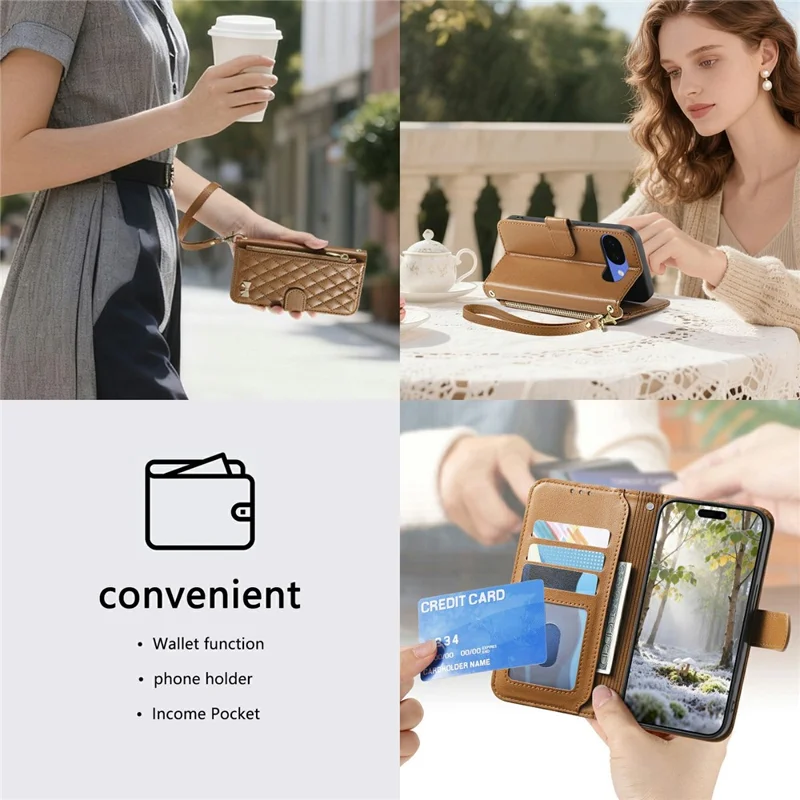 For Google Pixel 10a Stand Case Imprint TPU PU Leather Zipper Pocket Wallet Phone Cover with Strap - Brown