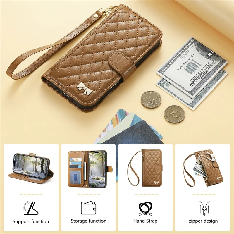 For Google Pixel 10a Stand Case Imprint TPU PU Leather Zipper Pocket Wallet Phone Cover with Strap - Brown