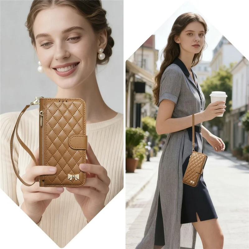 For Google Pixel 10a Stand Case Imprint TPU PU Leather Zipper Pocket Wallet Phone Cover with Strap - Brown