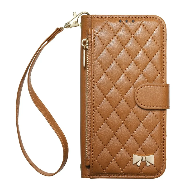For Google Pixel 10a Stand Case Imprint TPU PU Leather Zipper Pocket Wallet Phone Cover with Strap - Brown