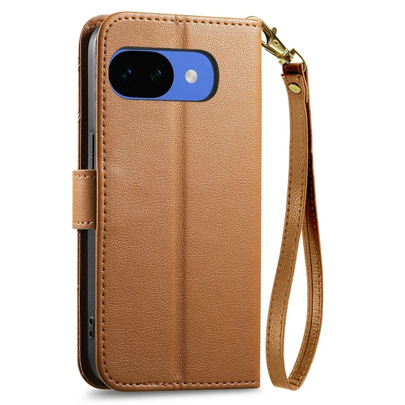 For Google Pixel 10a Stand Case Imprint TPU PU Leather Zipper Pocket Wallet Phone Cover with Strap - Brown