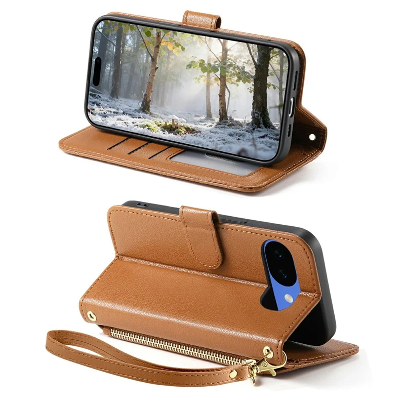 For Google Pixel 10a Stand Case Imprint TPU PU Leather Zipper Pocket Wallet Phone Cover with Strap - Brown