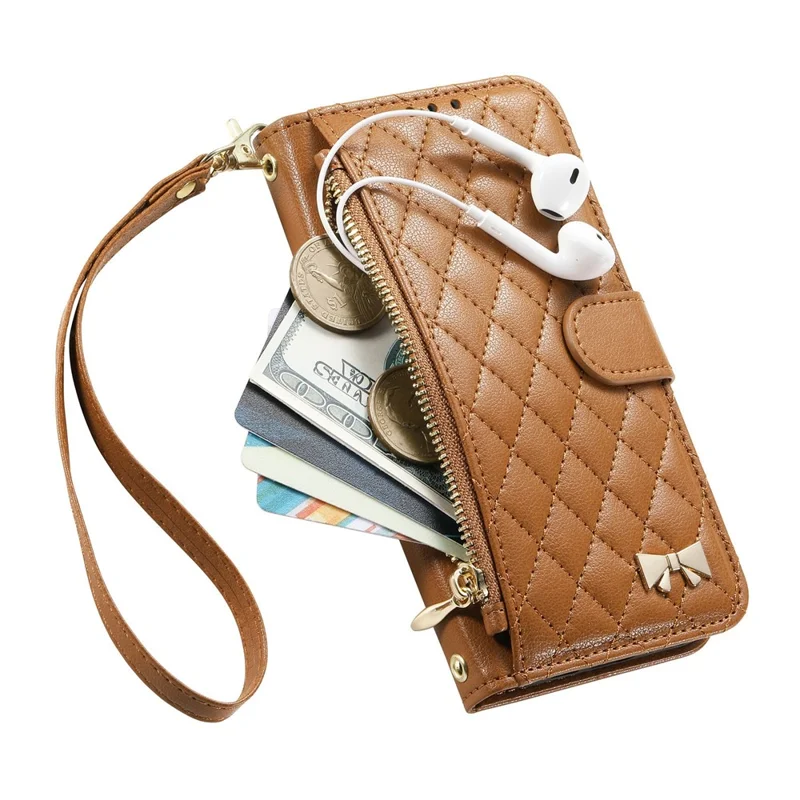 For Google Pixel 10a Stand Case Imprint TPU PU Leather Zipper Pocket Wallet Phone Cover with Strap - Brown