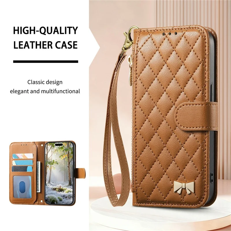 For Google Pixel 10a Stand Case Imprint TPU PU Leather Zipper Pocket Wallet Phone Cover with Strap - Brown