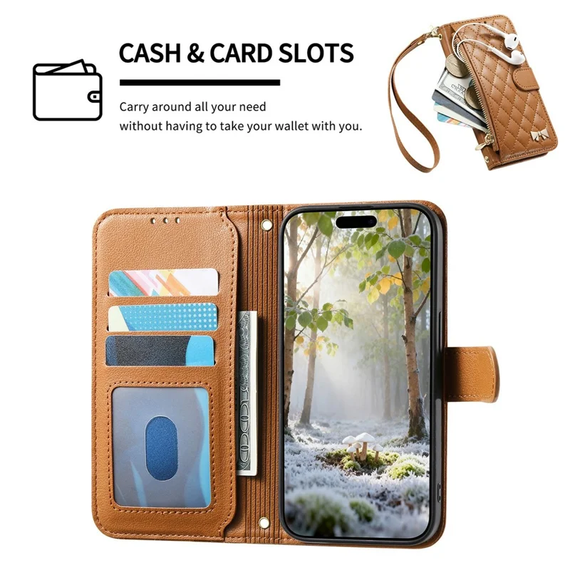 For Google Pixel 10a Stand Case Imprint TPU PU Leather Zipper Pocket Wallet Phone Cover with Strap - Brown