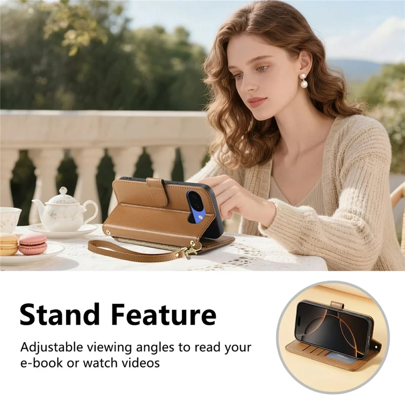 For Google Pixel 10a Stand Case Imprint TPU PU Leather Zipper Pocket Wallet Phone Cover with Strap - Brown