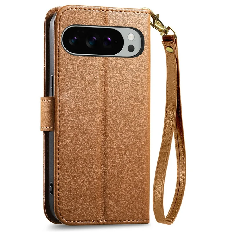 For Google Pixel 10 Pro XL Stand Case Imprint TPU PU Leather Zipper Pocket Wallet Phone Cover with Strap - Brown