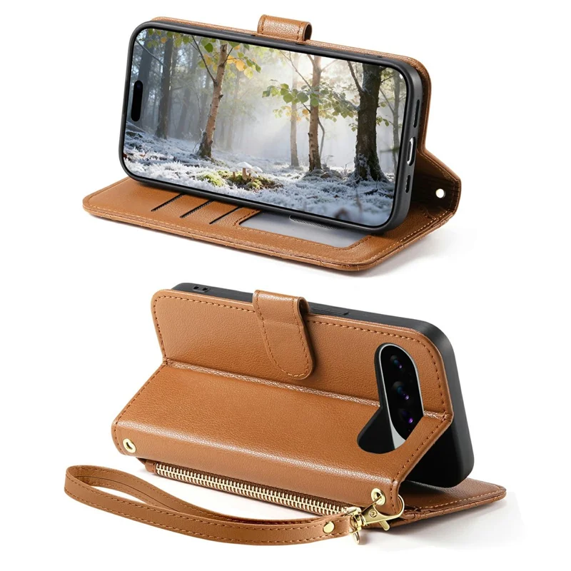 For Google Pixel 10 Pro XL Stand Case Imprint TPU PU Leather Zipper Pocket Wallet Phone Cover with Strap - Brown
