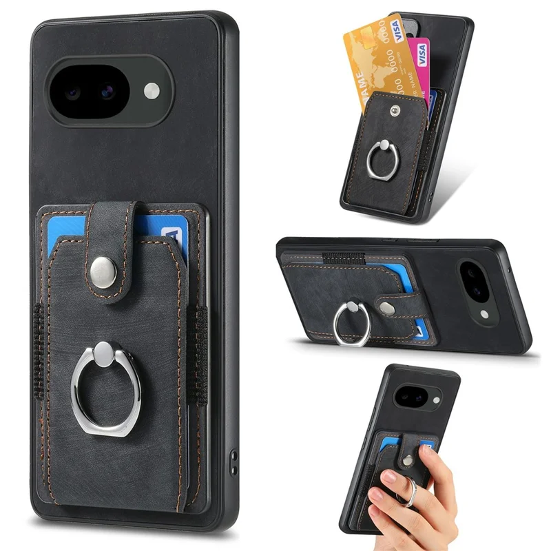 For Google Pixel 10a Case Kickstand Leather + TPU Non-Slip Protective Cover with Card Slots - Black