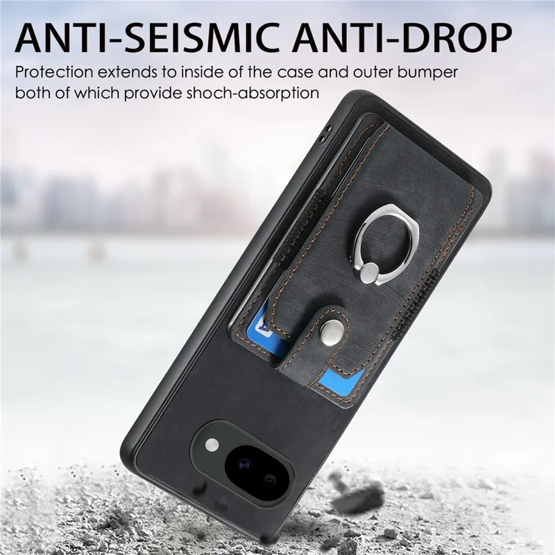 For Google Pixel 10a Case Kickstand Leather + TPU Non-Slip Protective Cover with Card Slots - Black