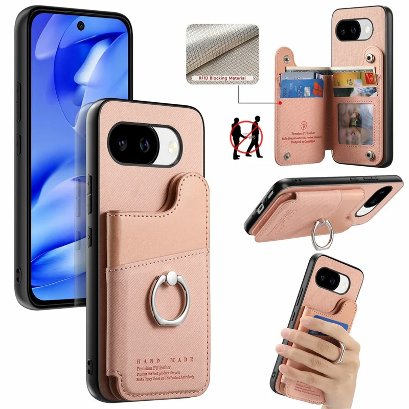 For Google Pixel 10a Case with Card Holder Kickstand Leather + TPU + PC Phone Cover - Pink