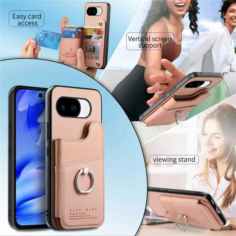 For Google Pixel 10a Case with Card Holder Kickstand Leather + TPU + PC Phone Cover - Pink