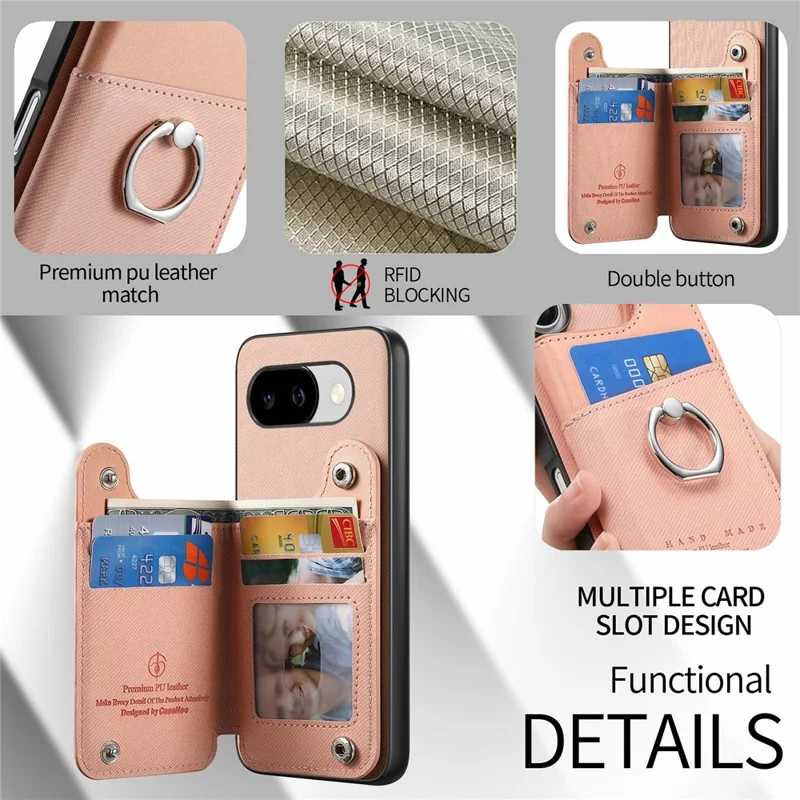 For Google Pixel 10a Case with Card Holder Kickstand Leather + TPU + PC Phone Cover - Pink