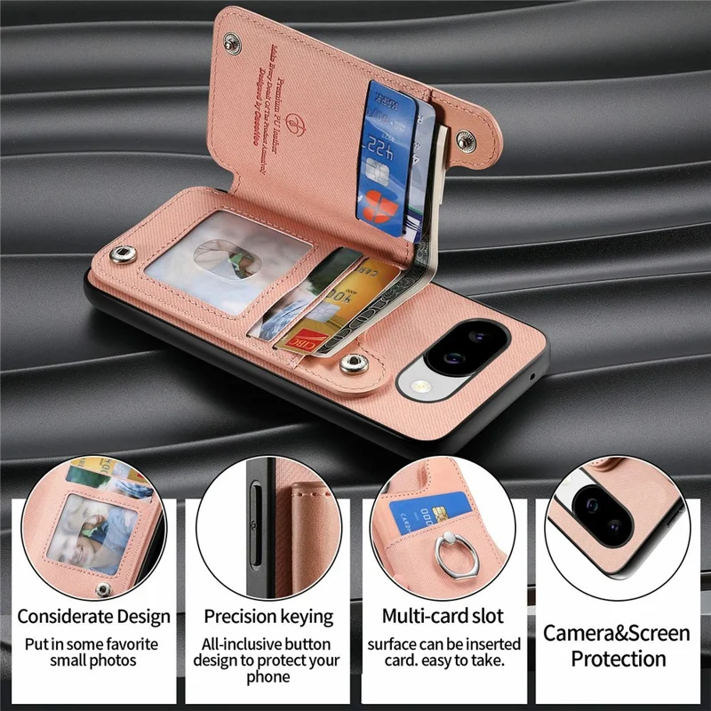 For Google Pixel 10a Case with Card Holder Kickstand Leather + TPU + PC Phone Cover - Pink