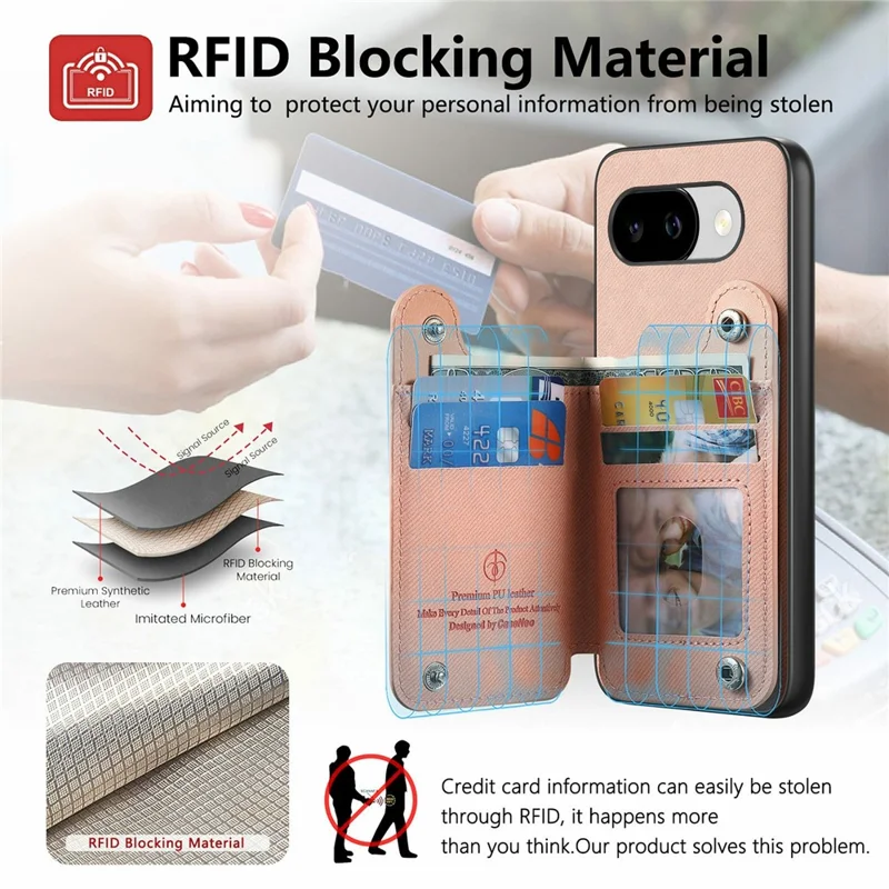 For Google Pixel 10a Case with Card Holder Kickstand Leather + TPU + PC Phone Cover - Pink