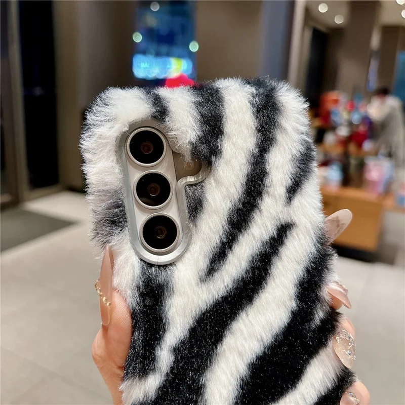 For Samsung Galaxy A37 5G Case Zebra Pattern Soft Plush Fluffy TPU Phone Cover - White
