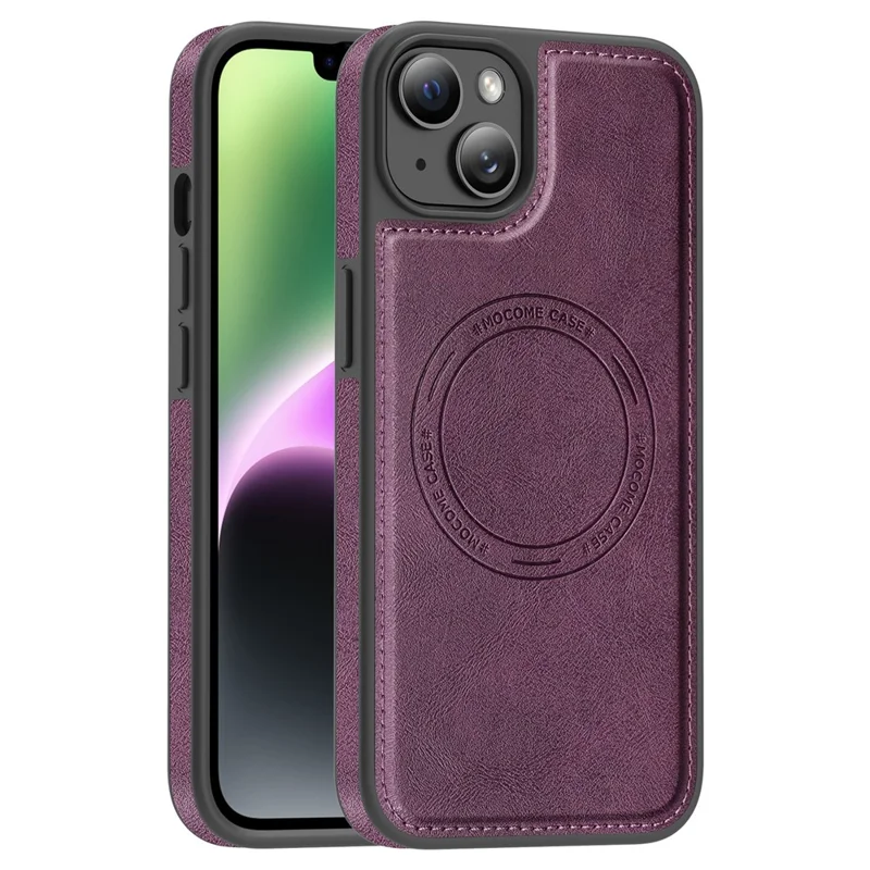 Чехол для iPhone 14 Plus, совместимый с MagSafe, с кожаной задней панелью — тёмно-фиолетовый