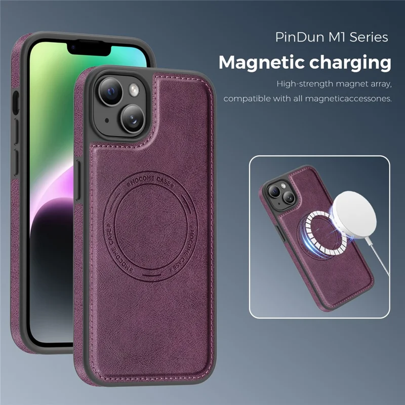 Чехол для iPhone 14 Plus, совместимый с MagSafe, с кожаной задней панелью — тёмно-фиолетовый