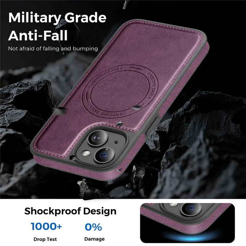 Funda para iPhone 15 compatible con MagSafe, funda de cuero trasera - Morado oscuro