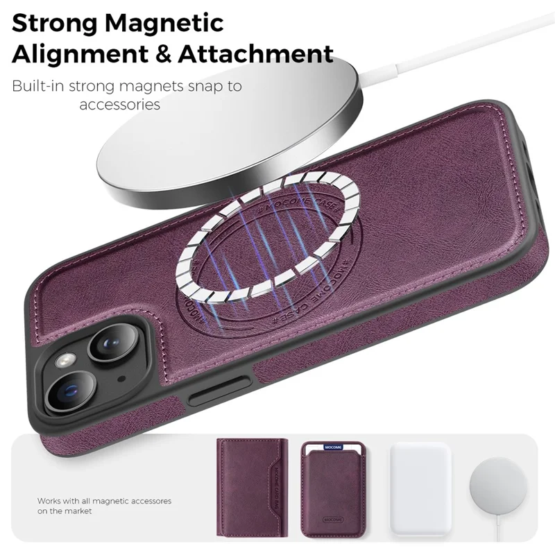 Funda para iPhone 15 compatible con MagSafe, funda de cuero trasera - Morado oscuro