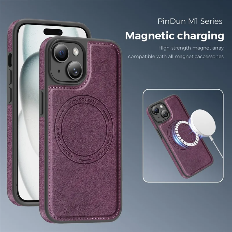 Funda para iPhone 15 compatible con MagSafe, funda de cuero trasera - Morado oscuro