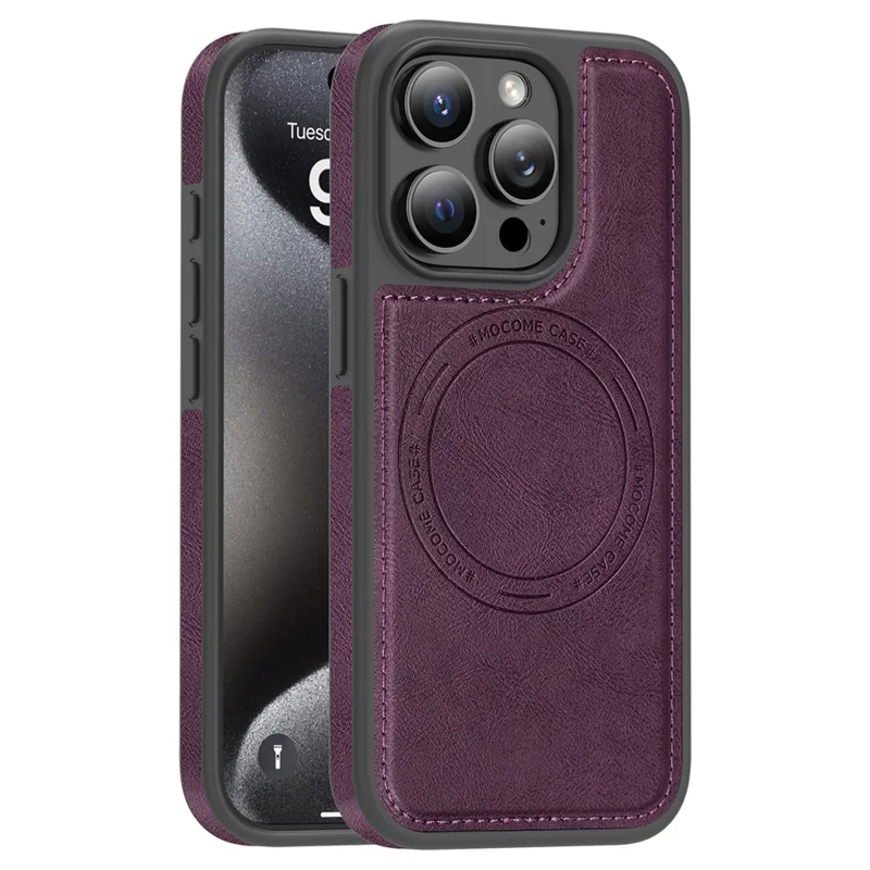 Coque pour iPhone 15 Pro compatible MagSafe avec dos en cuir - Violet foncé