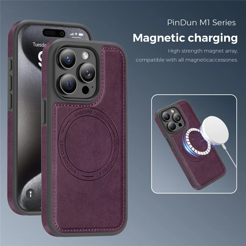 Coque pour iPhone 15 Pro compatible MagSafe avec dos en cuir - Violet foncé