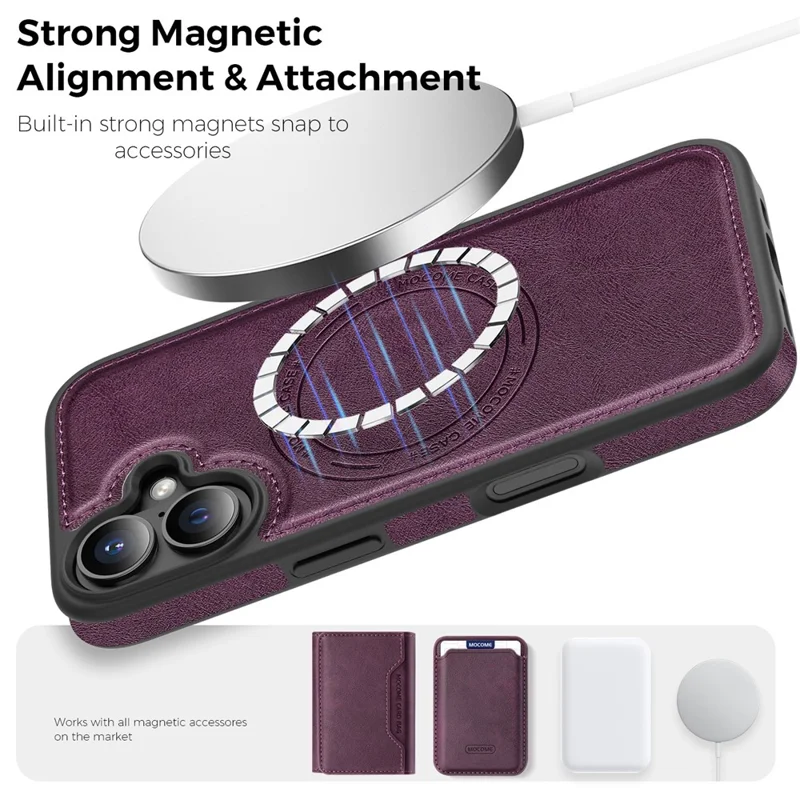 Funda para iPhone 16 compatible con MagSafe, funda de cuero trasera - Morado oscuro