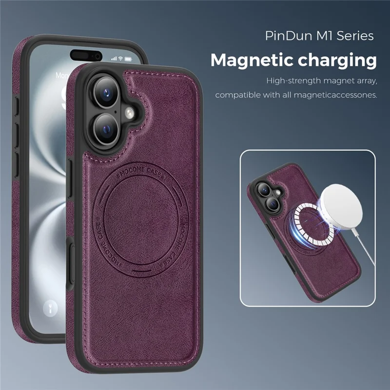 Funda para iPhone 16 compatible con MagSafe, funda de cuero trasera - Morado oscuro