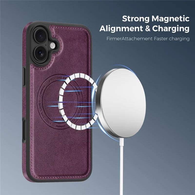 Funda para iPhone 16 Plus compatible con MagSafe, funda de cuero con parte trasera de cuero PU - Morado oscuro