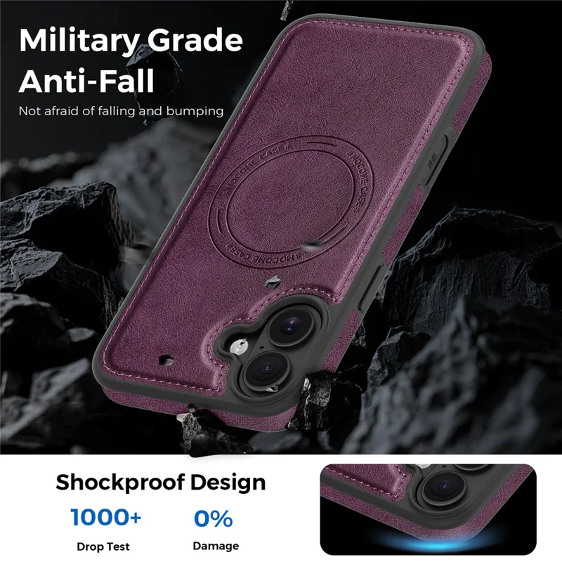 Funda para iPhone 16 Plus compatible con MagSafe, funda de cuero con parte trasera de cuero PU - Morado oscuro