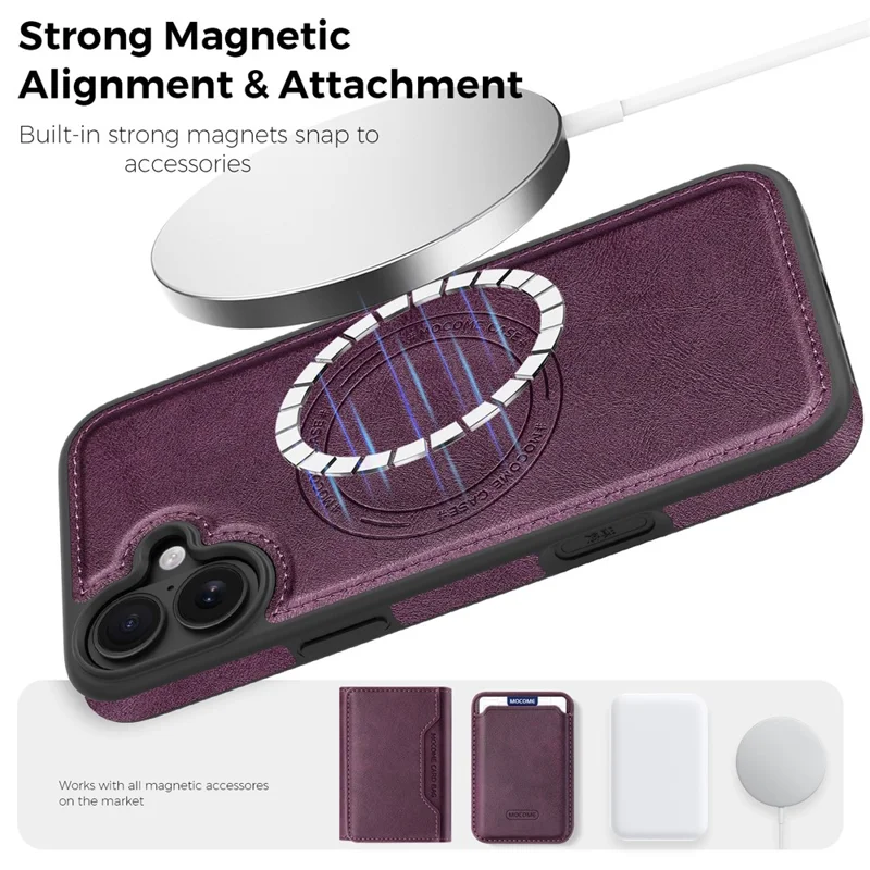 Funda para iPhone 16 Plus compatible con MagSafe, funda de cuero con parte trasera de cuero PU - Morado oscuro