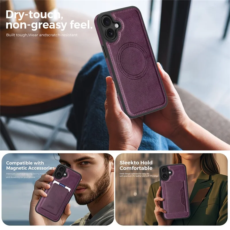 Funda para iPhone 16 Plus compatible con MagSafe, funda de cuero con parte trasera de cuero PU - Morado oscuro