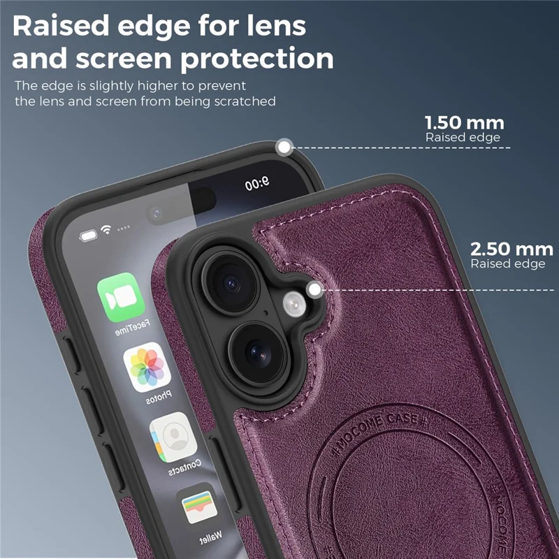 Funda para iPhone 16 Plus compatible con MagSafe, funda de cuero con parte trasera de cuero PU - Morado oscuro