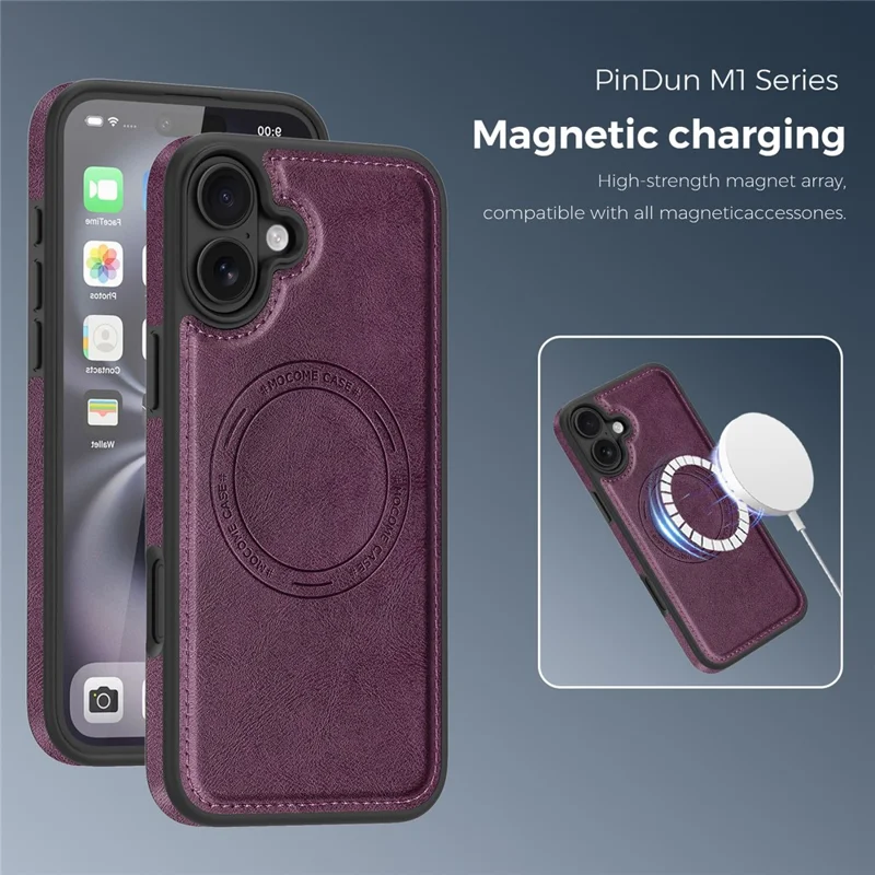 Funda para iPhone 16 Plus compatible con MagSafe, funda de cuero con parte trasera de cuero PU - Morado oscuro