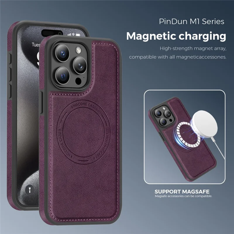 Étui pour iPhone 15 Pro Max compatible avec MagSafe, housse arrière en cuir - Violet foncé