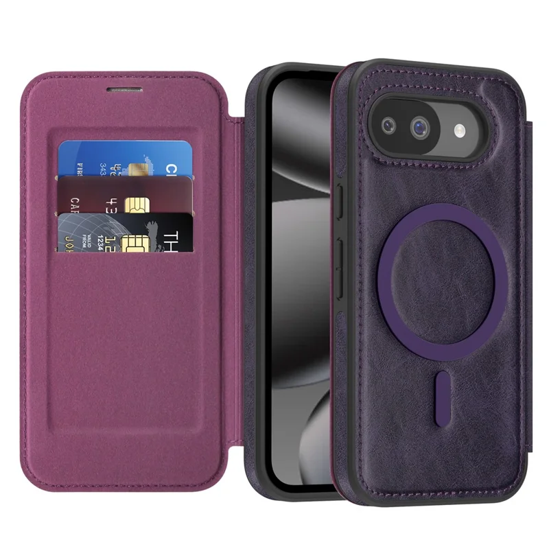 For Google Pixel 10a Magnetic Case RFID Blocking Card Holder Leather Phone Cover - Dark Purple