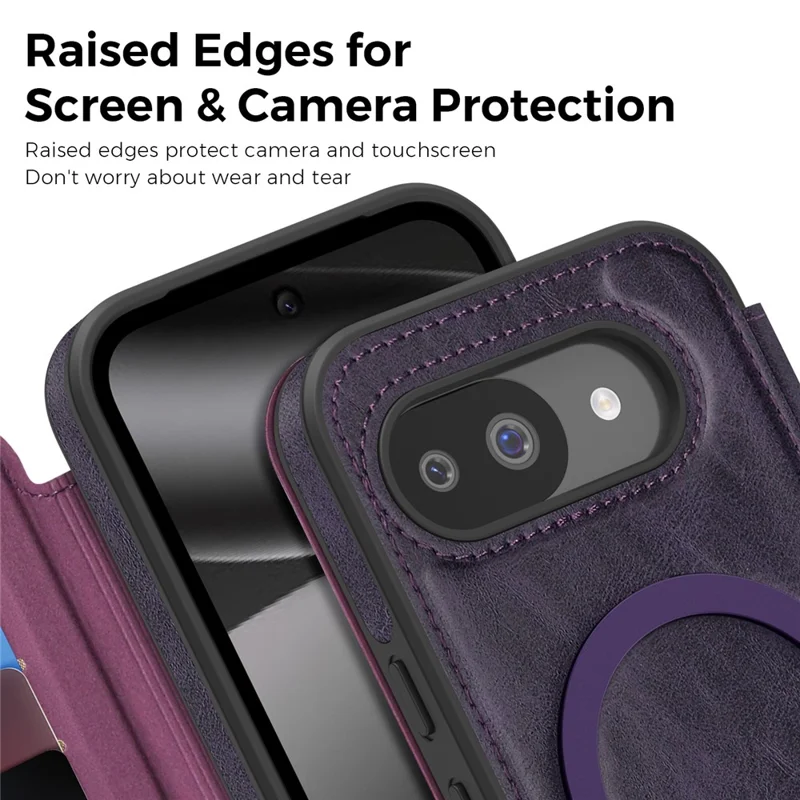 For Google Pixel 10a Magnetic Case RFID Blocking Card Holder Leather Phone Cover - Dark Purple