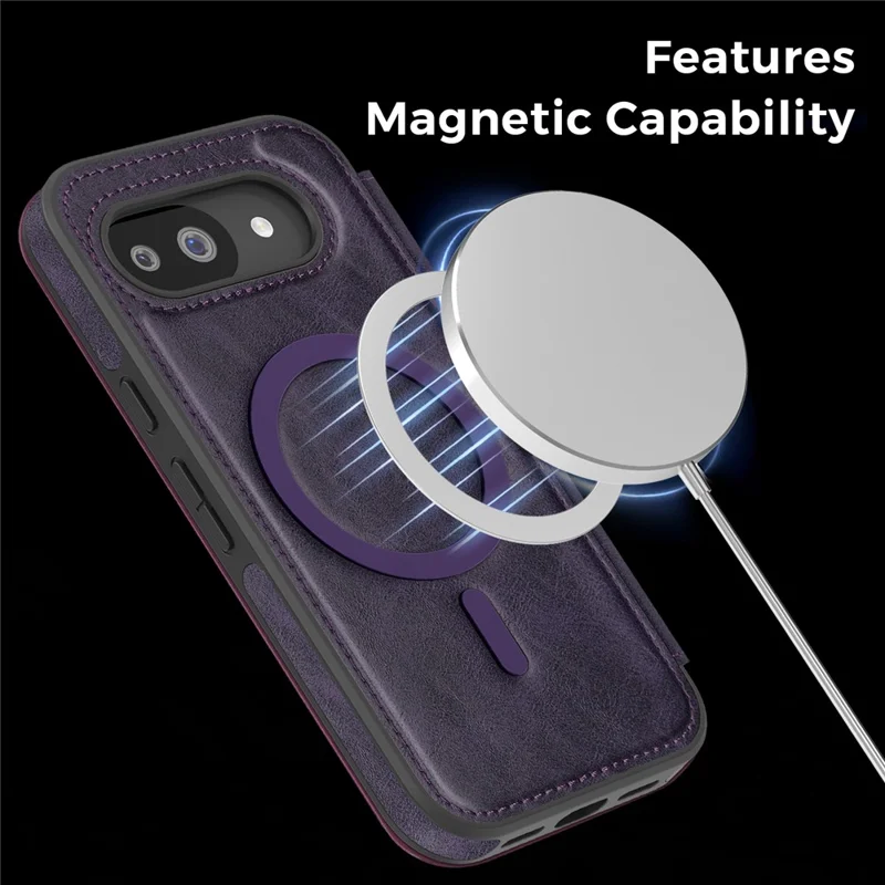 For Google Pixel 10a Magnetic Case RFID Blocking Card Holder Leather Phone Cover - Dark Purple