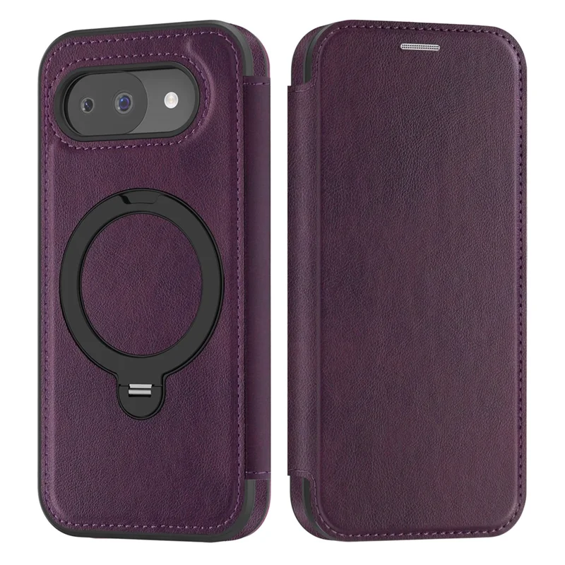 For Google Pixel 10a Magnetic Phone Case RFID Blocking Leather Wallet Cover with Rotating Ring Kickstand - Dark Purple