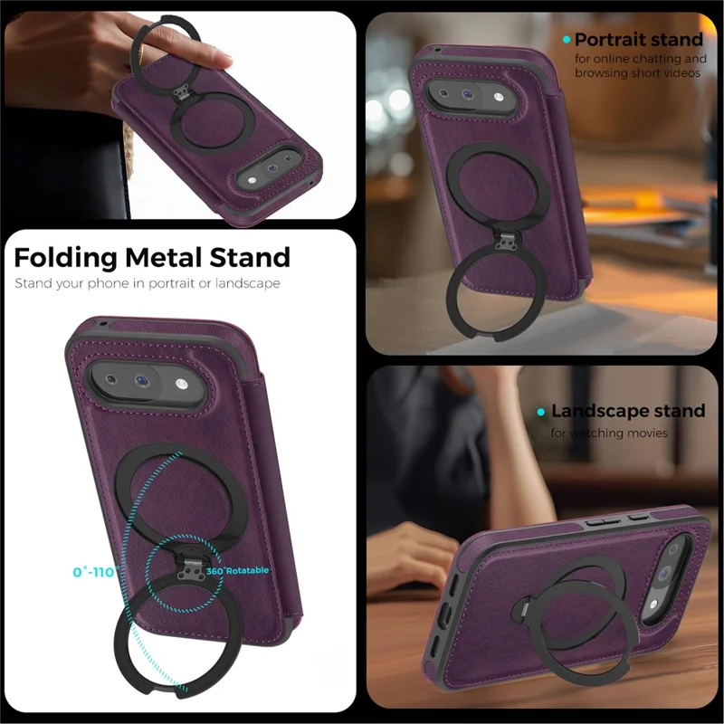 For Google Pixel 10a Magnetic Phone Case RFID Blocking Leather Wallet Cover with Rotating Ring Kickstand - Dark Purple