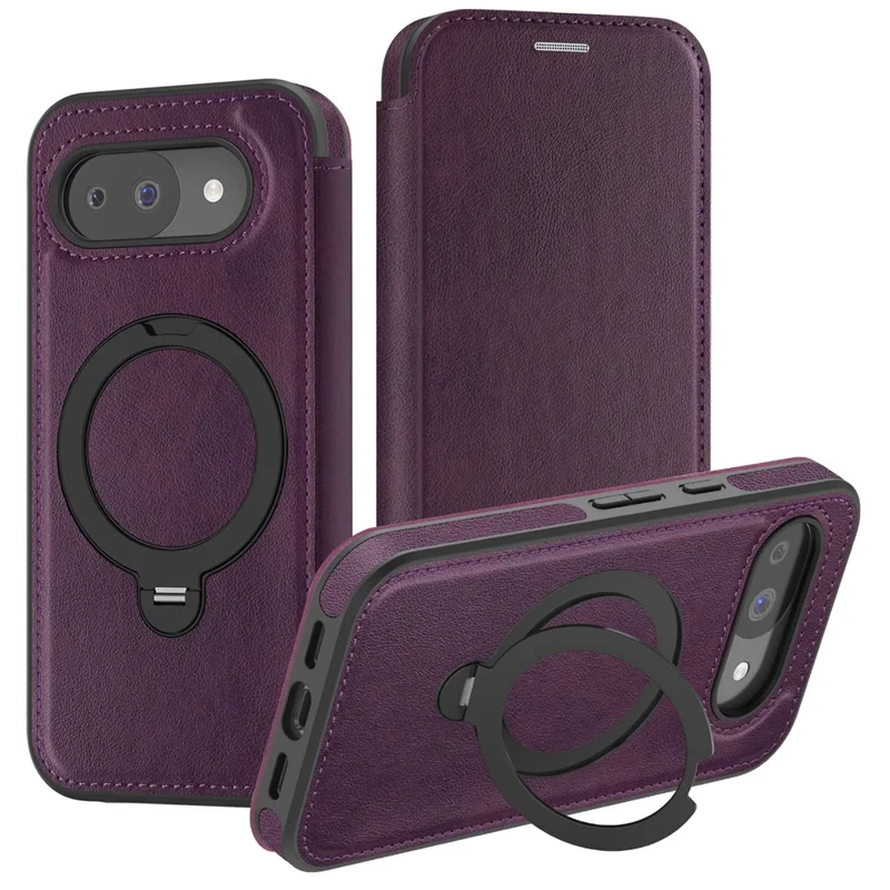 For Google Pixel 10a Magnetic Phone Case RFID Blocking Leather Wallet Cover with Rotating Ring Kickstand - Dark Purple
